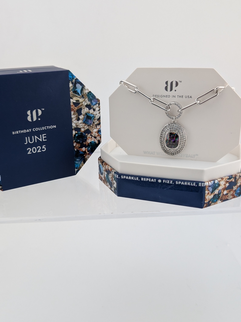 BP June Birthstone Necklace in Silver with Iridescent Stone